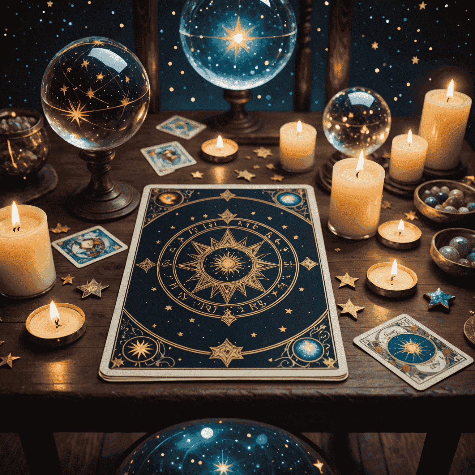 Tarot kartları masaya yayılmış, üzerinde parlayan yıldızlar ve gelecek sembolize eden bir kristal küre